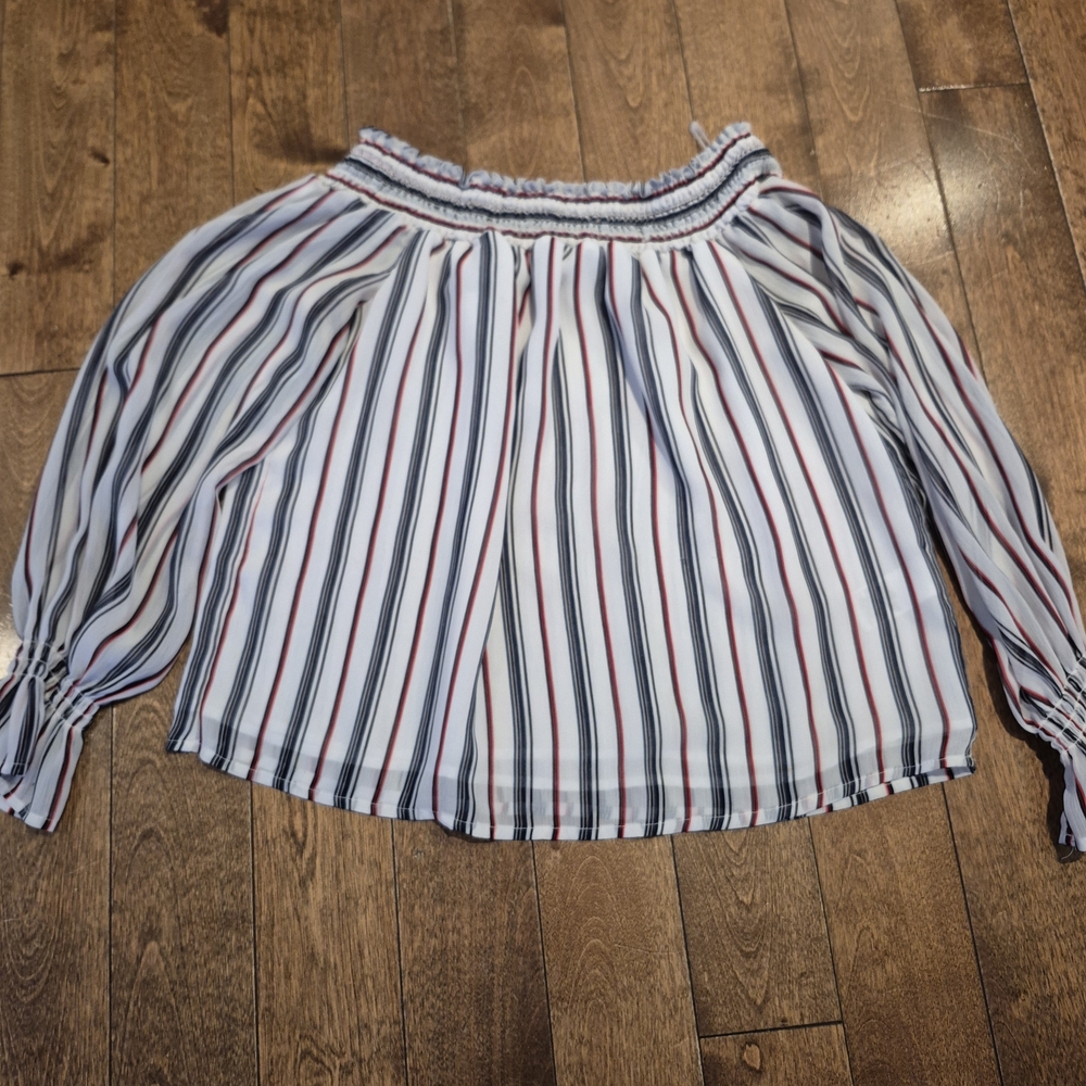 Dynamite White Off-Shoulder Stripe Blouse with Red and Navy